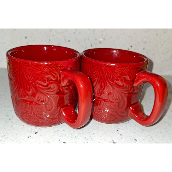 Rare HiEnd Accents Savanna Tooled Leather Look Stoneware Coffee Mugs Red St of 2 - Picture 3 of 9